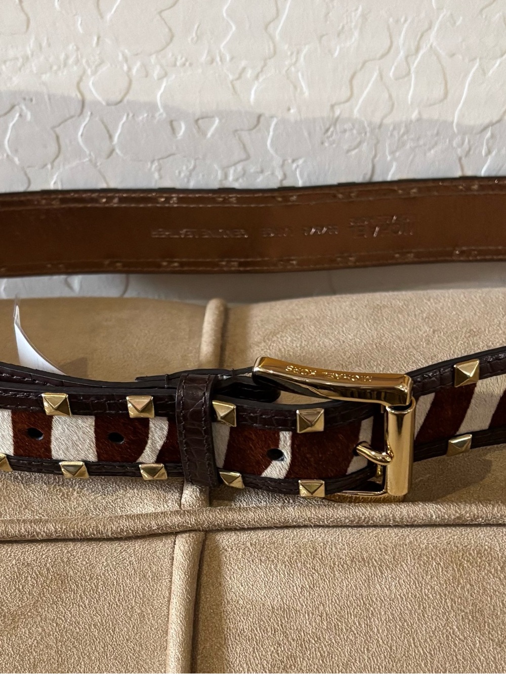 Michael Kors Studded Brown & Cream Calf-Hair Leather Women’s Belt